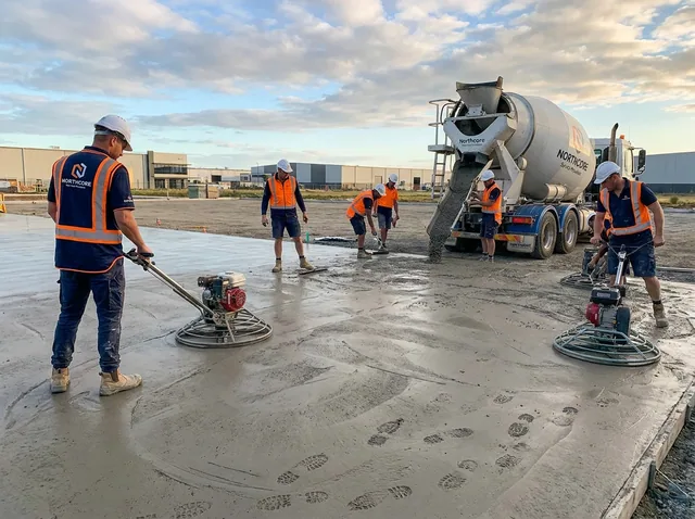 Two workers screeding and floating the surface of a freshly poured concrete slab.