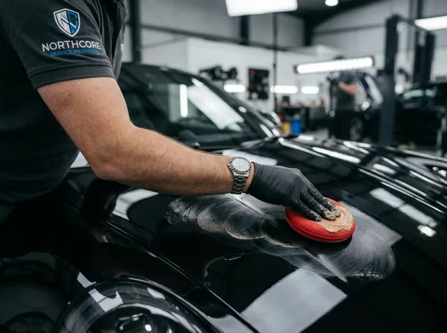 A detailer applying wax to a car's bodywork by hand.