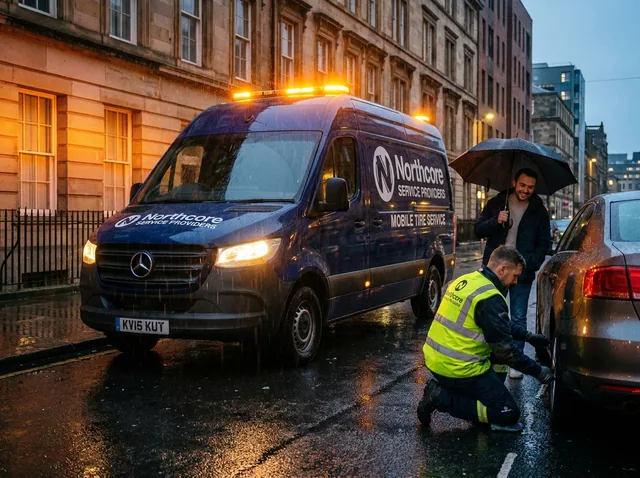 A technician changing a tyre on a commercial van at the roadside.